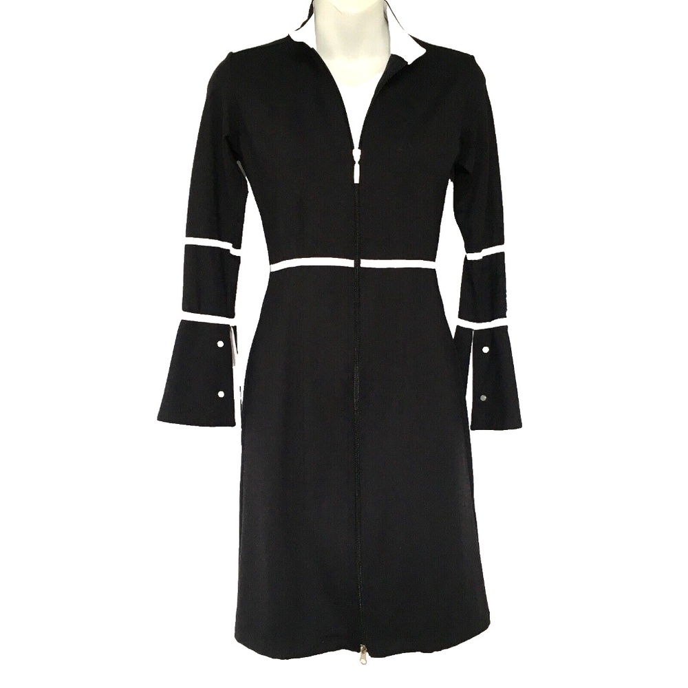 ANATOMIE Dress Black Stretch Long Sleeves  Full Front Zipper White Trim